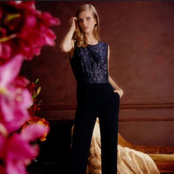 Escada Black Lace Bodice Wide Leg Jumpsuit Size 42/L  Sleeveless Formal Chic - Picture 1 of 17